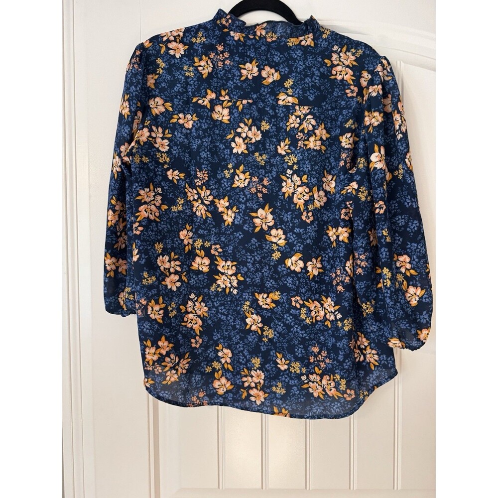 Nanette Lepore Blouse Women L Blue Floral Pintuck Puff Sleeve Button Front